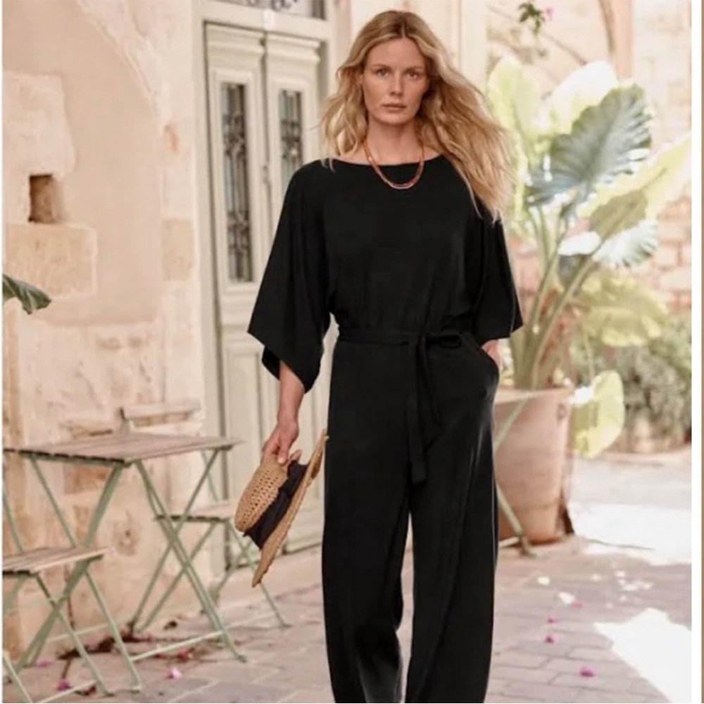 Garnet Hill Prato Black Kimono Sleeve Jersey Knit Wide Leg Belted Jumpsuit. NWT